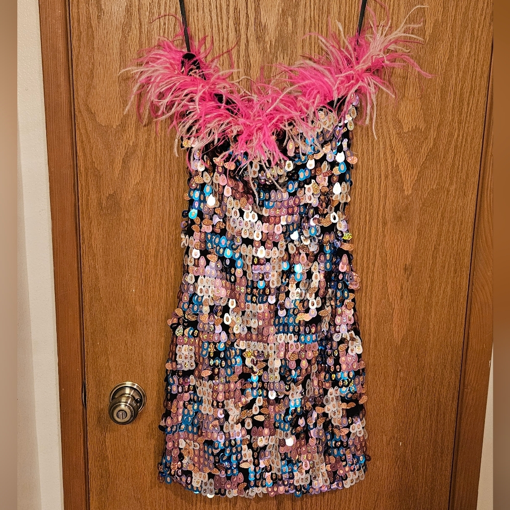 NWT Fashion Nova Wondering Eyes Feather Sequin Mini Dress Multi Color Size Large - Picture 9 of 15